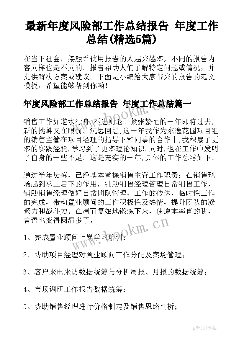 最新年度风险部工作总结报告 年度工作总结(精选5篇)