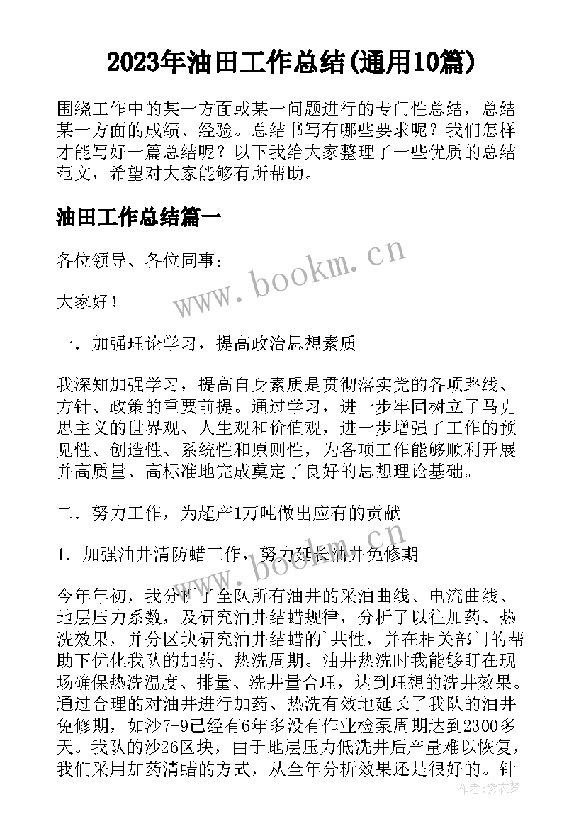 2023年油田工作总结(通用10篇)