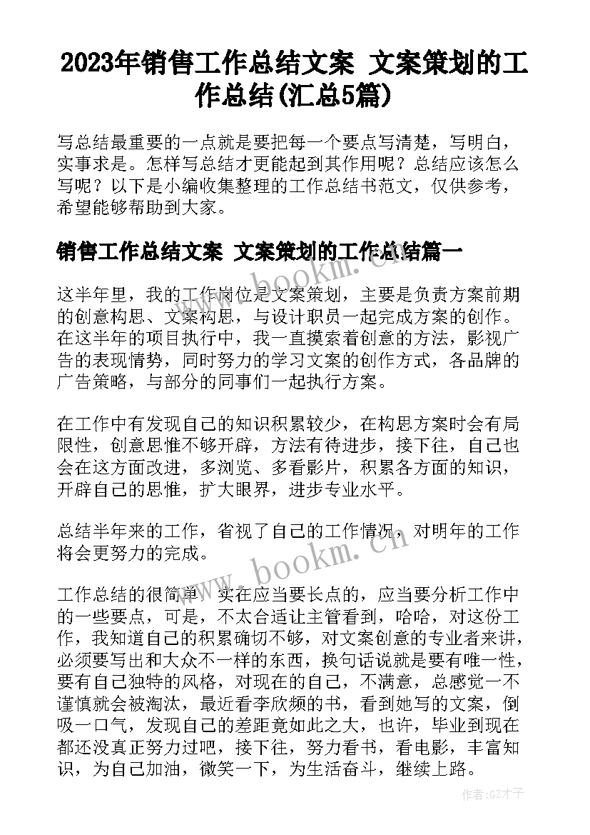 2023年销售工作总结文案 文案策划的工作总结(汇总5篇)