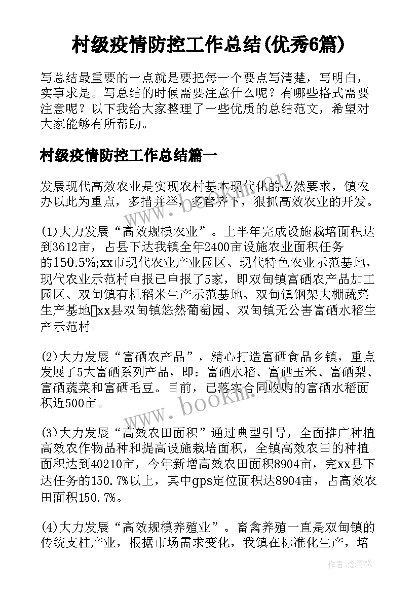 村级疫情防控工作总结(优秀6篇)