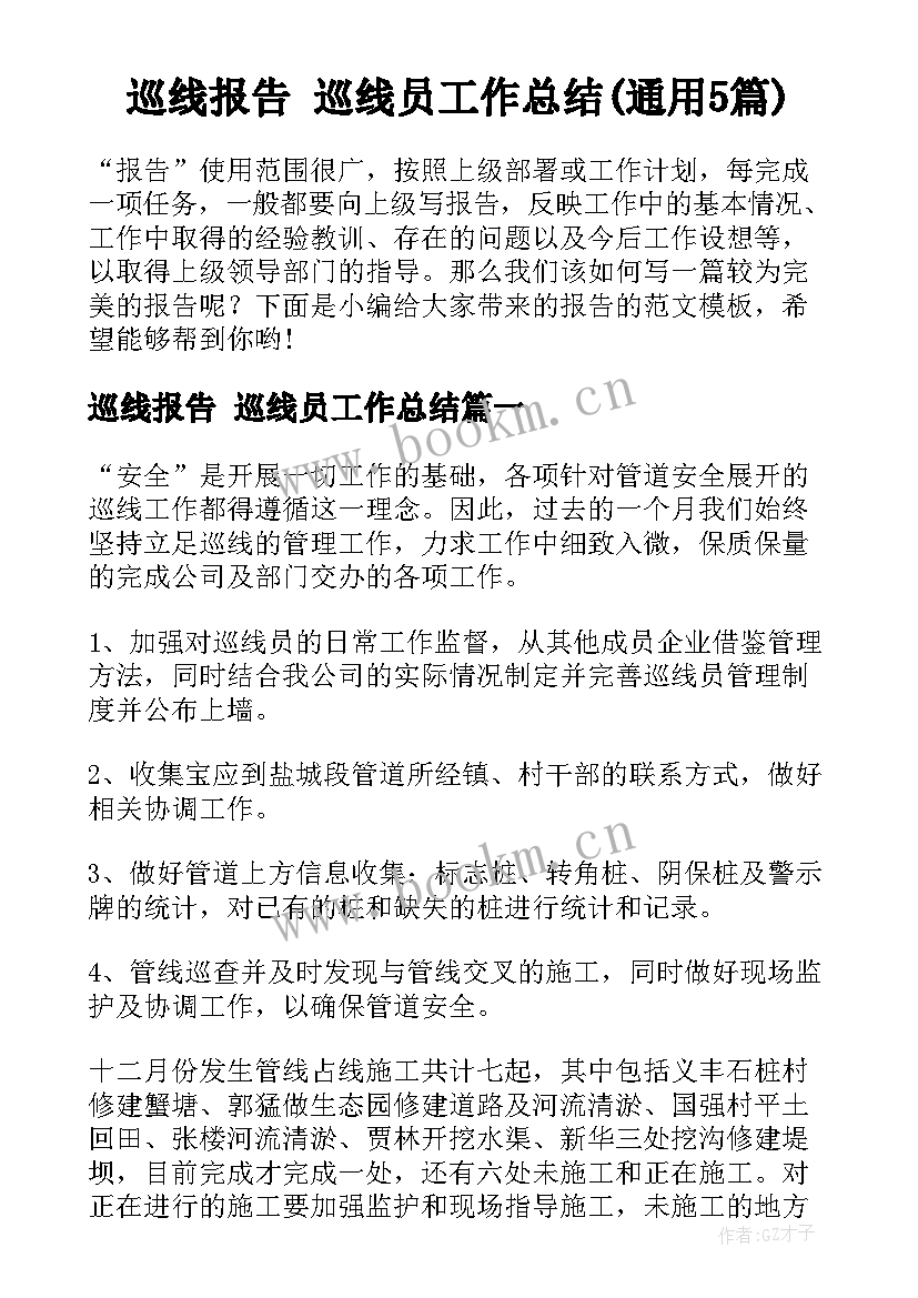 巡线报告 巡线员工作总结(通用5篇)