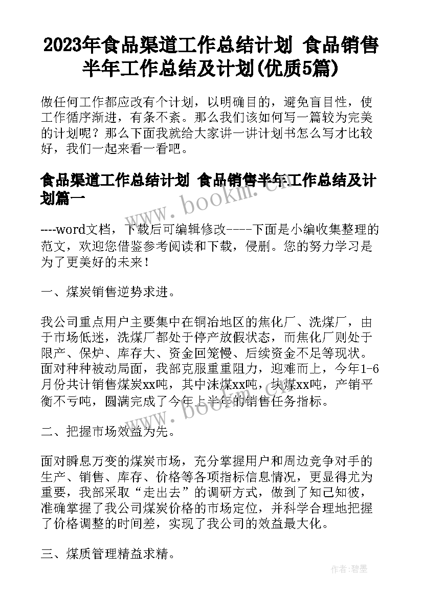 2023年食品渠道工作总结计划 食品销售半年工作总结及计划(优质5篇)