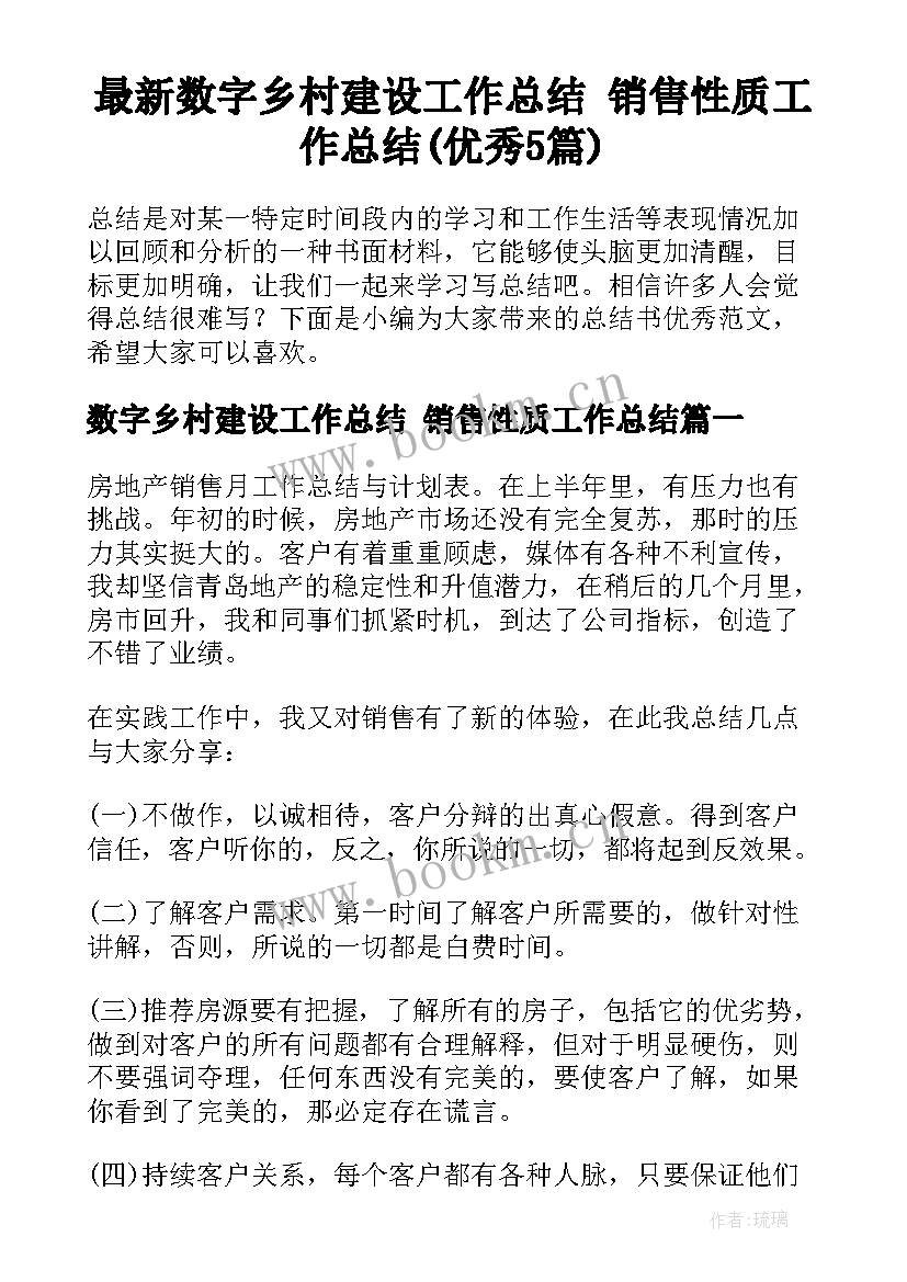 最新数字乡村建设工作总结 销售性质工作总结(优秀5篇)