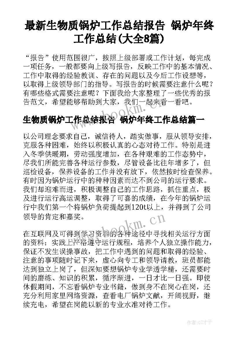 最新生物质锅炉工作总结报告 锅炉年终工作总结(大全8篇)