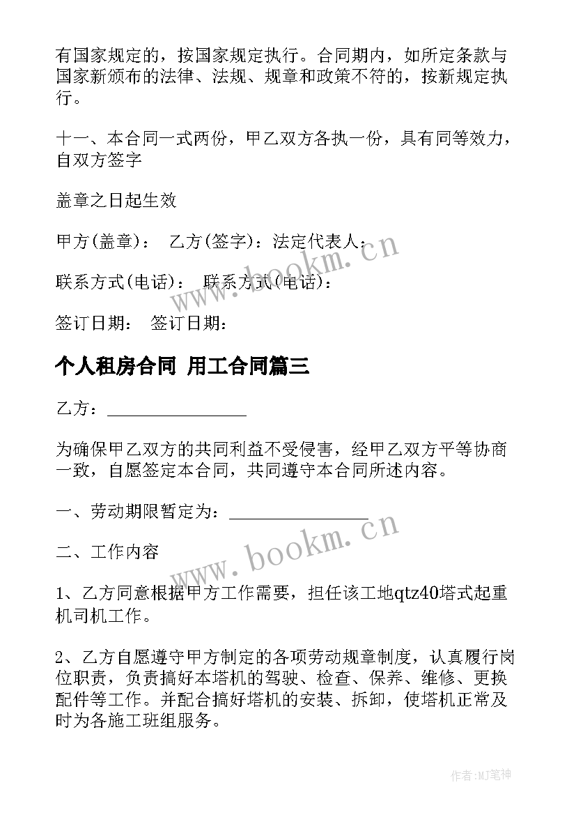 最新个人租房合同 用工合同(优质8篇)