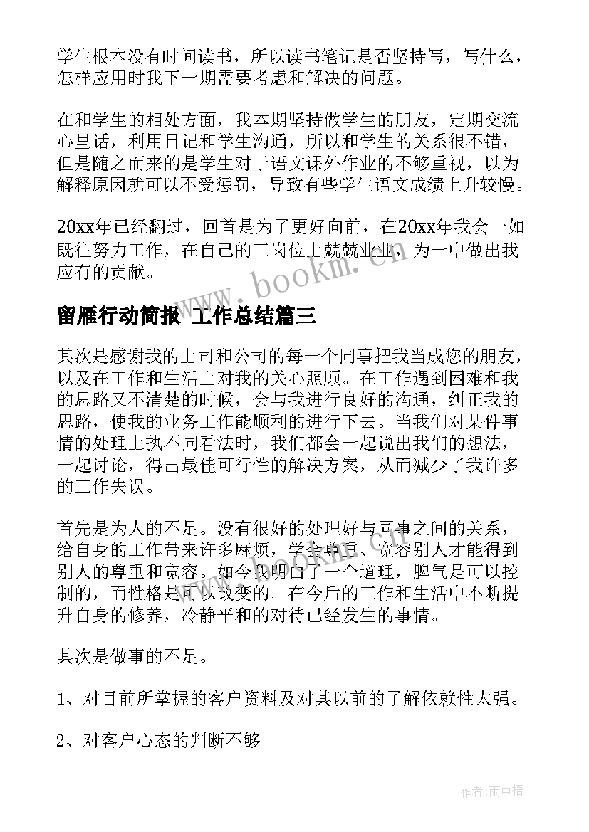 最新留雁行动简报 工作总结(精选7篇)
