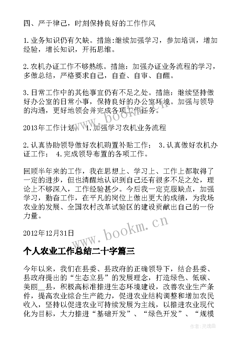 个人农业工作总结二十字(优质6篇)