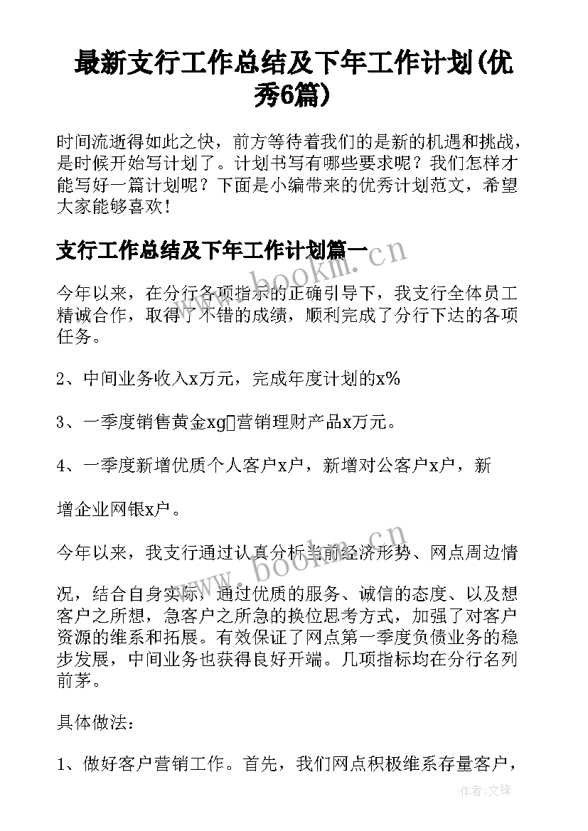 最新支行工作总结及下年工作计划(优秀6篇)