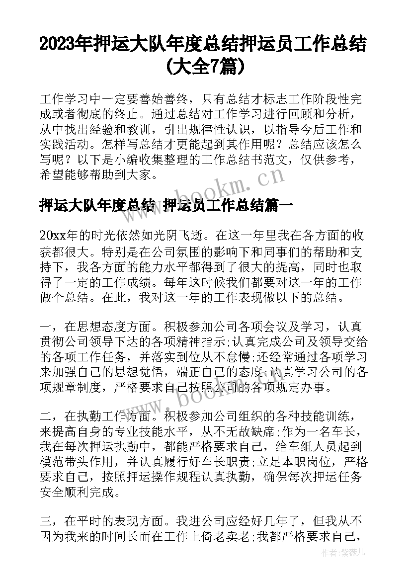 2023年押运大队年度总结 押运员工作总结(大全7篇)