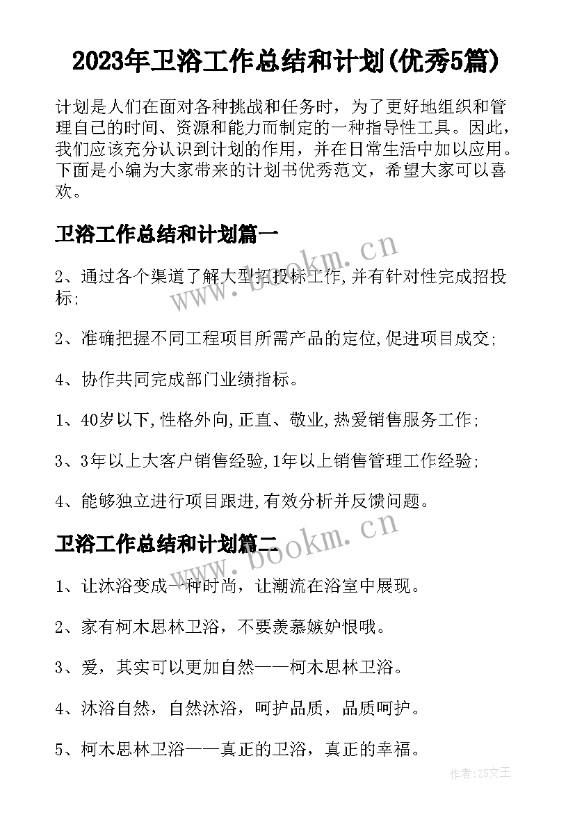 2023年卫浴工作总结和计划(优秀5篇)