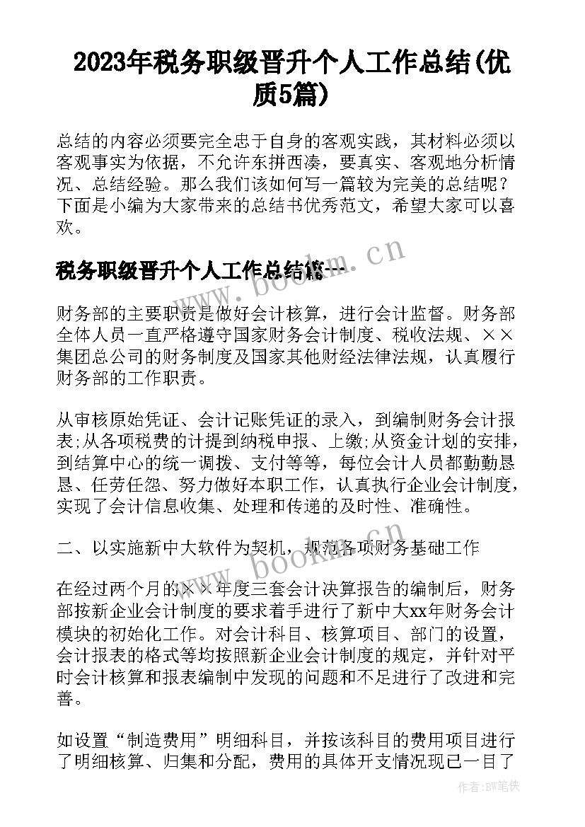 2023年税务职级晋升个人工作总结(优质5篇)