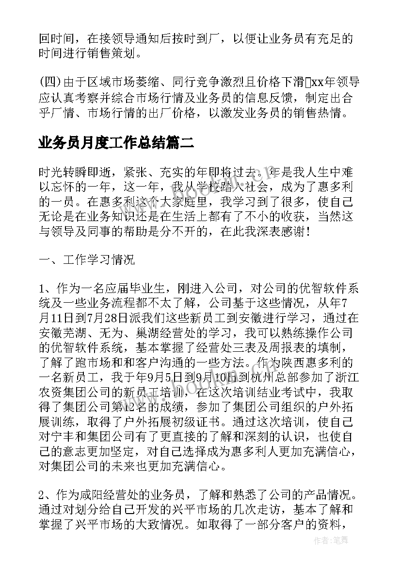 2023年业务员月度工作总结(实用8篇)