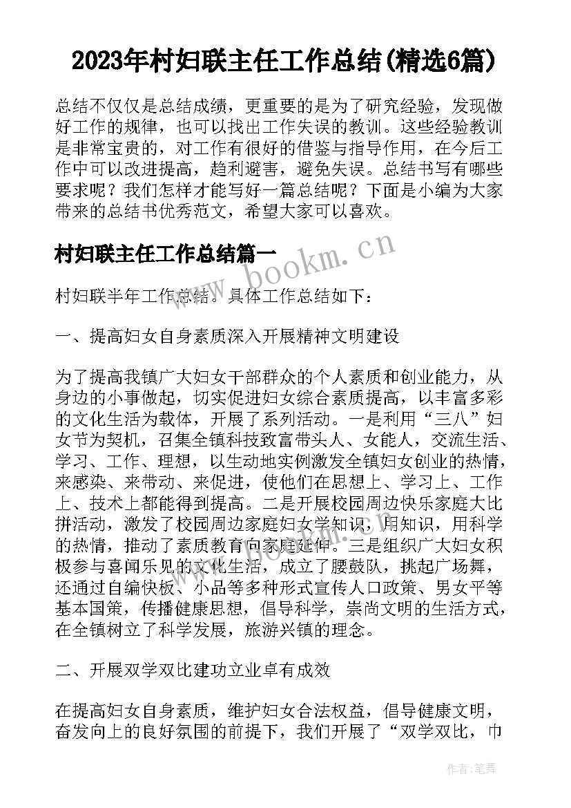 2023年村妇联主任工作总结(精选6篇)