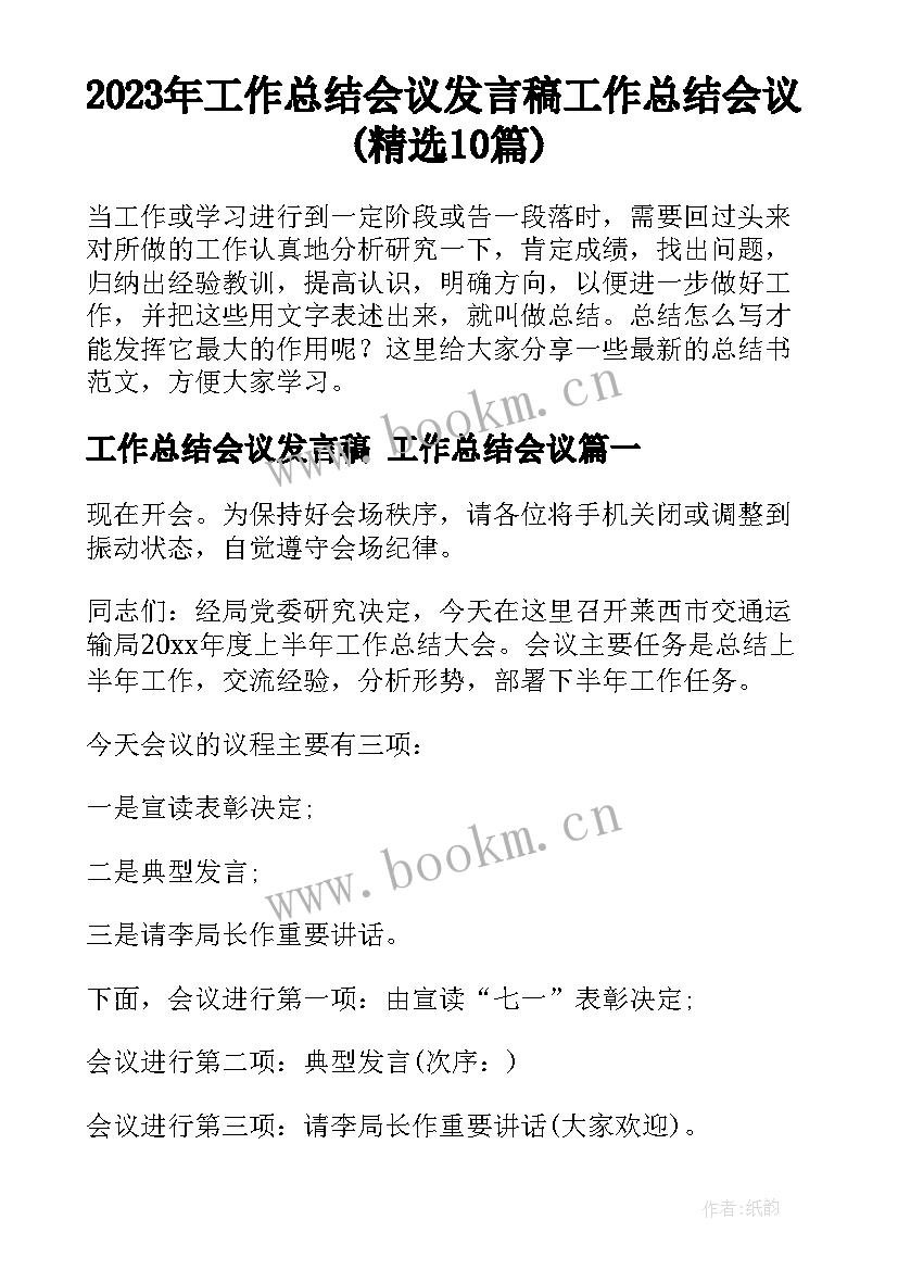 2023年工作总结会议发言稿 工作总结会议(精选10篇)