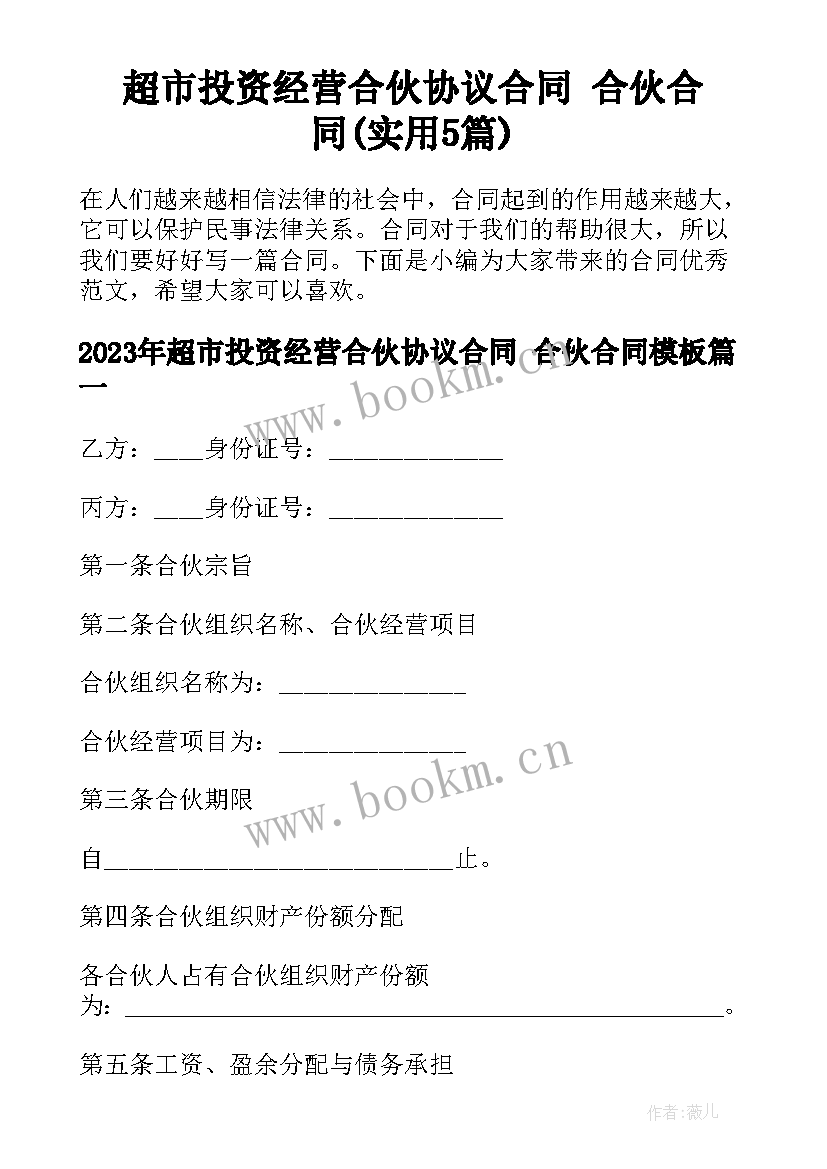 超市投资经营合伙协议合同 合伙合同(实用5篇)