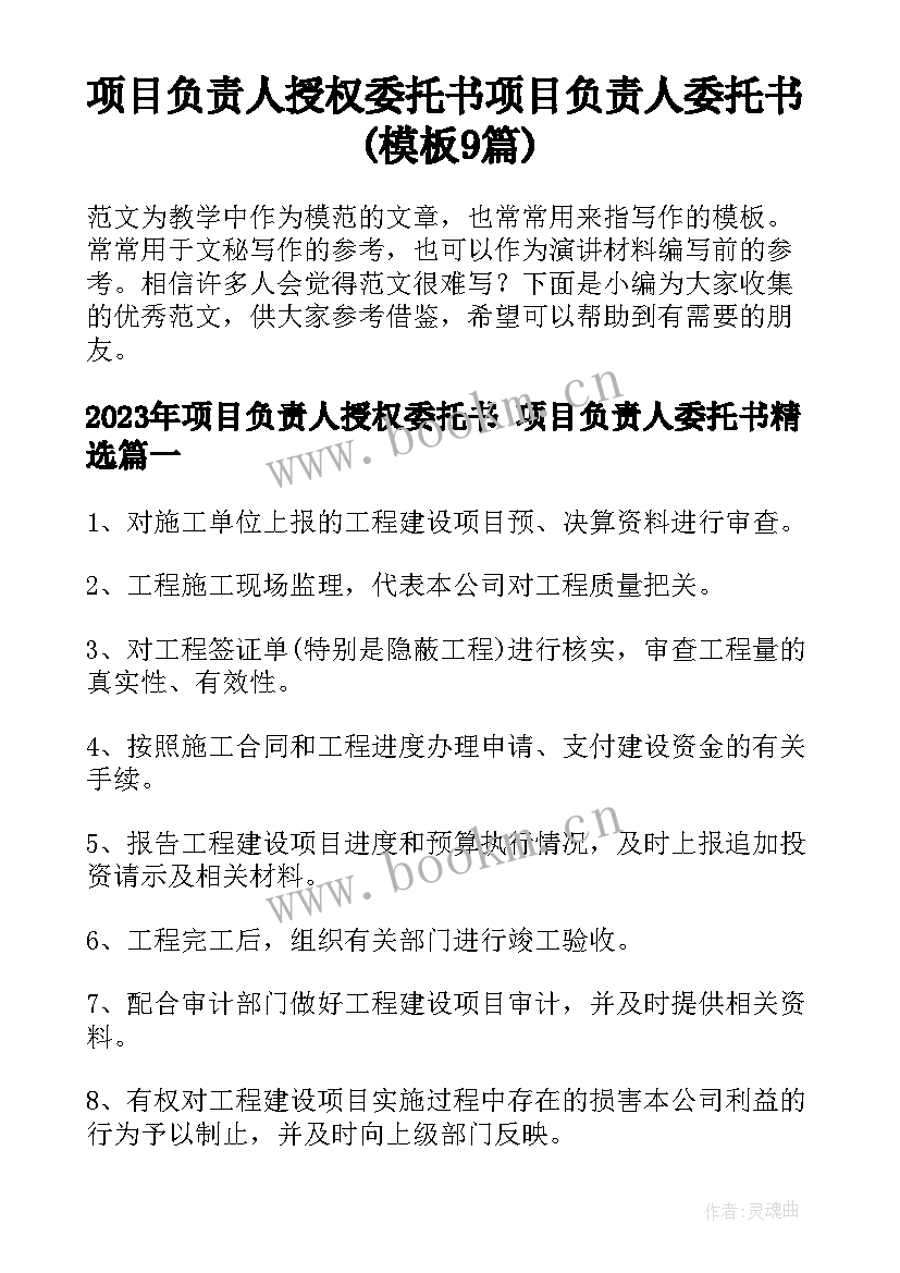 项目负责人授权委托书 项目负责人委托书(模板9篇)