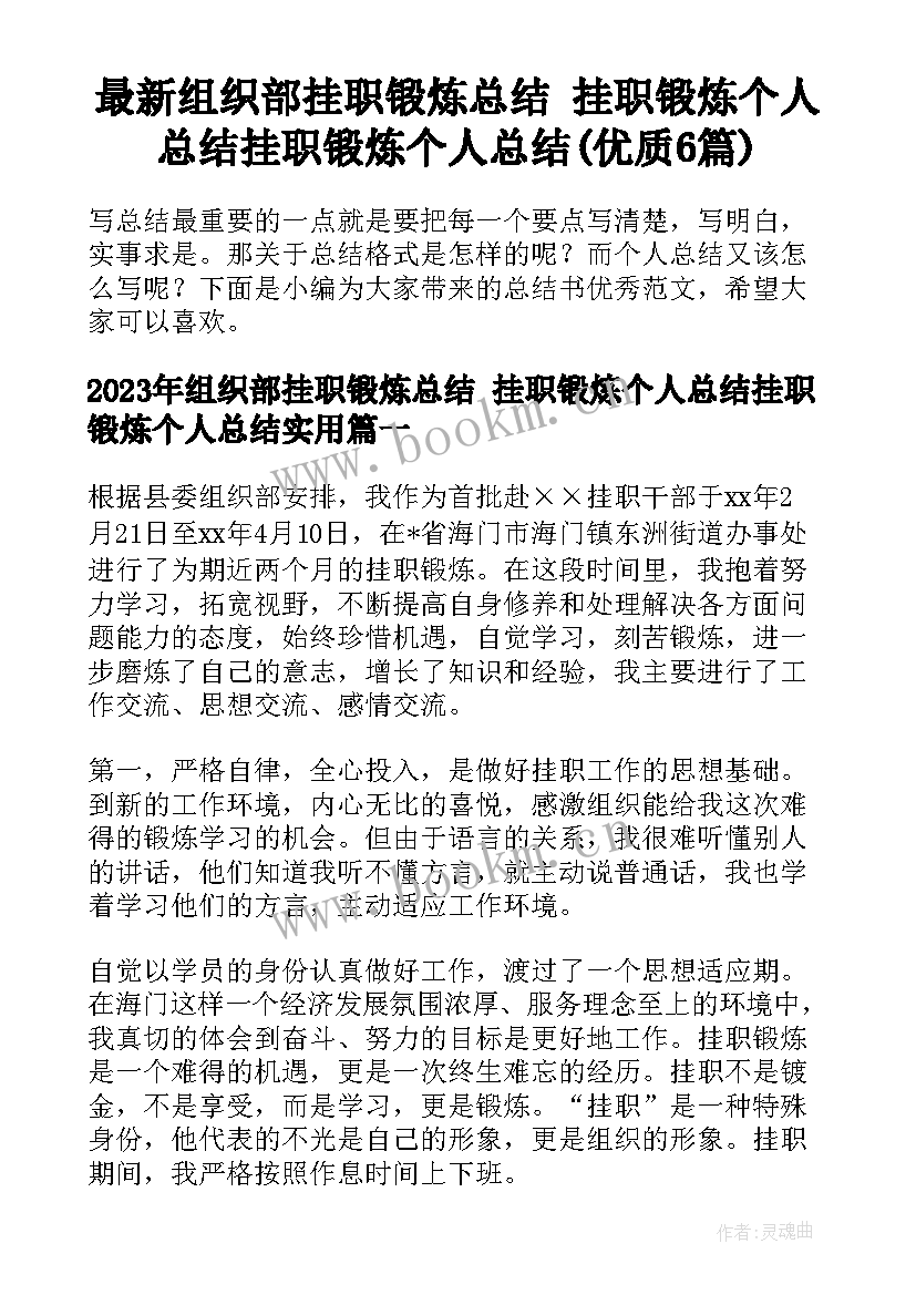 最新组织部挂职锻炼总结 挂职锻炼个人总结挂职锻炼个人总结(优质6篇)