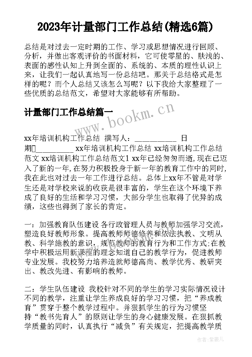 2023年计量部门工作总结(精选6篇)