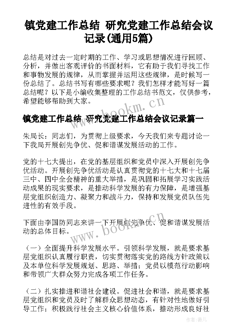 镇党建工作总结 研究党建工作总结会议记录(通用5篇)