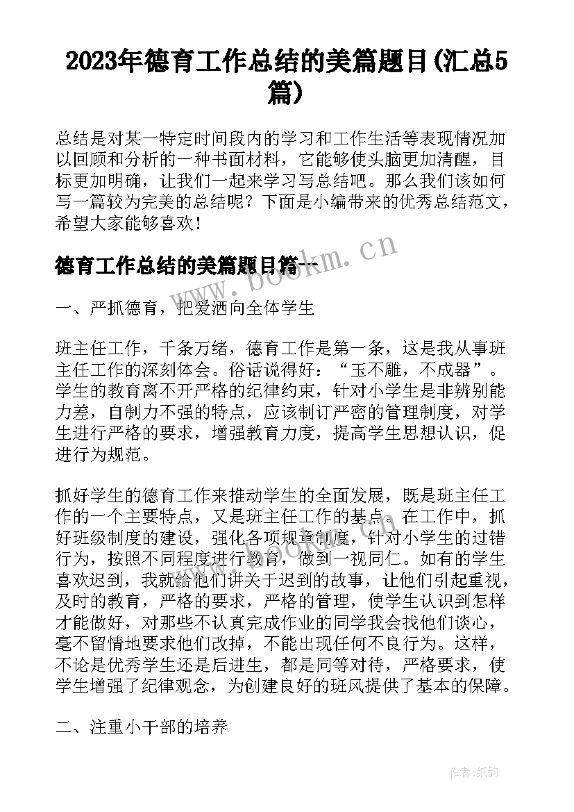 2023年德育工作总结的美篇题目(汇总5篇)