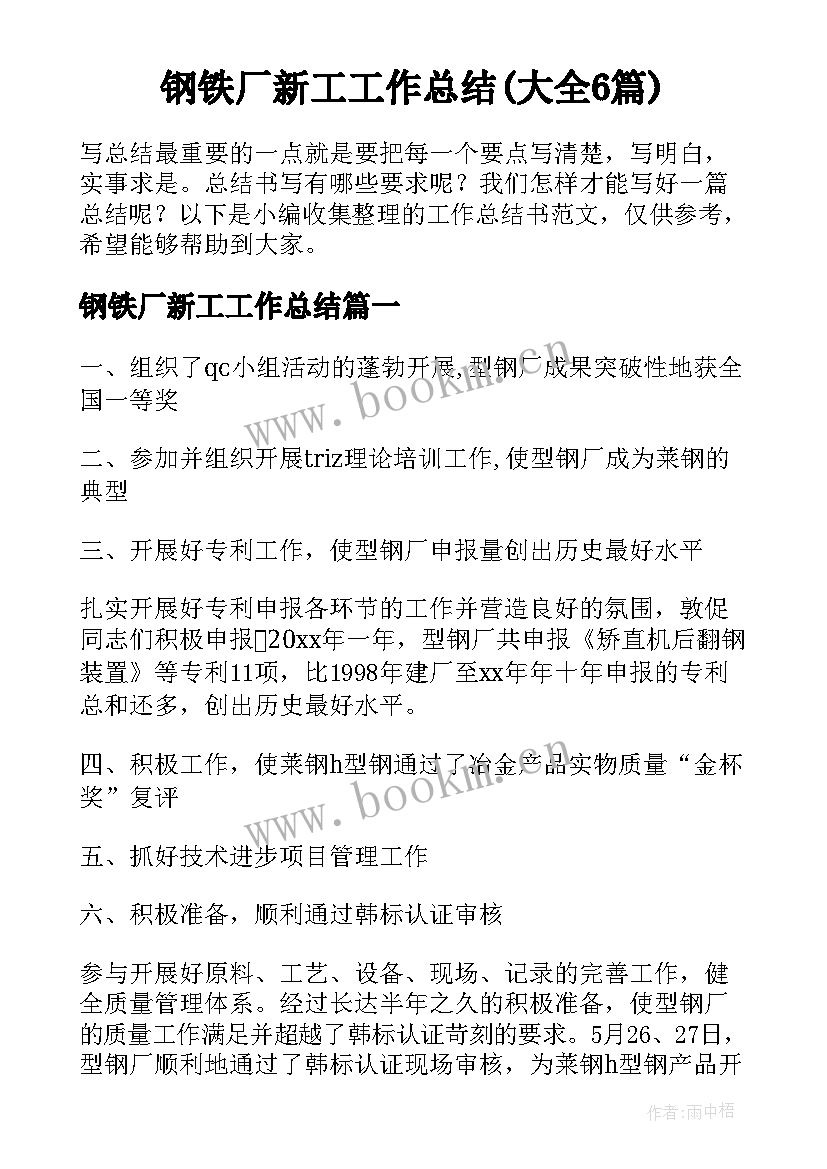 钢铁厂新工工作总结(大全6篇)