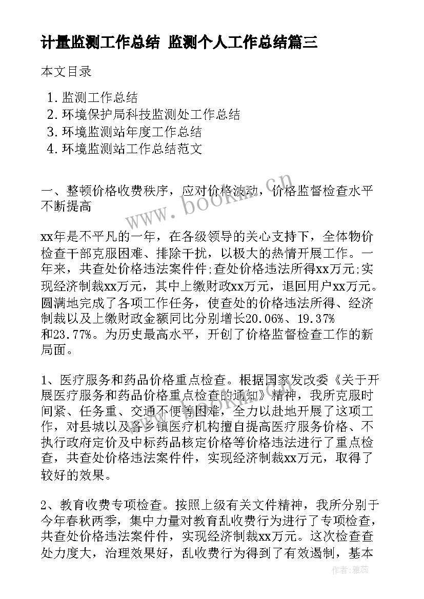 最新计量监测工作总结 监测个人工作总结(通用6篇)