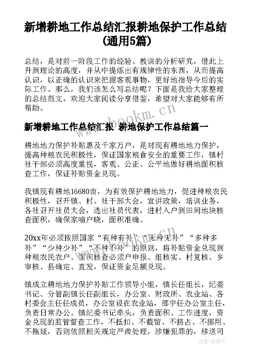 新增耕地工作总结汇报 耕地保护工作总结(通用5篇)