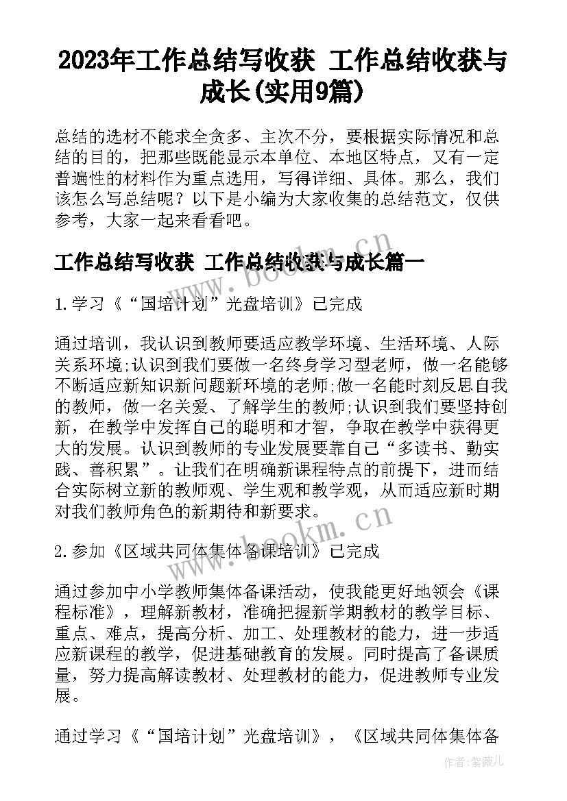 2023年工作总结写收获 工作总结收获与成长(实用9篇)