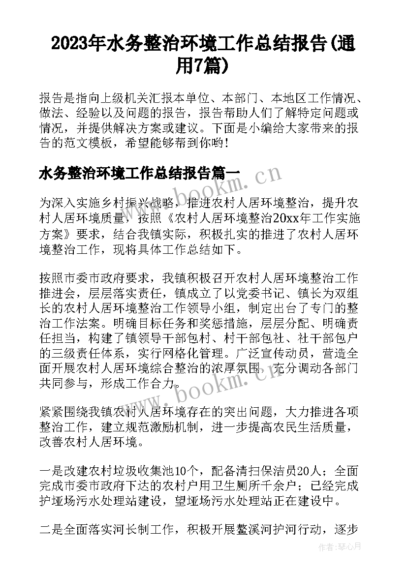 2023年水务整治环境工作总结报告(通用7篇)