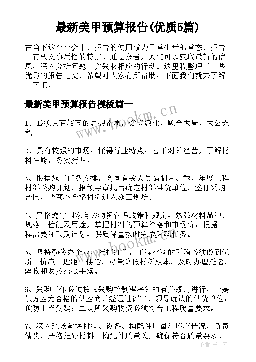 最新美甲预算报告(优质5篇)