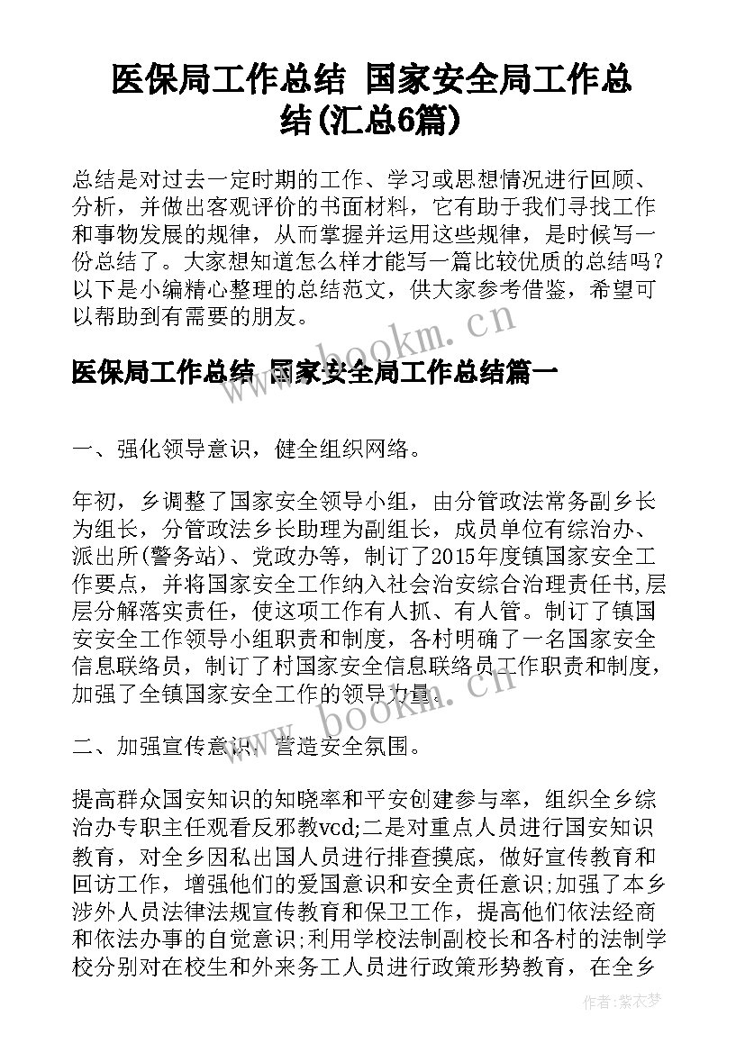 医保局工作总结 国家安全局工作总结(汇总6篇)