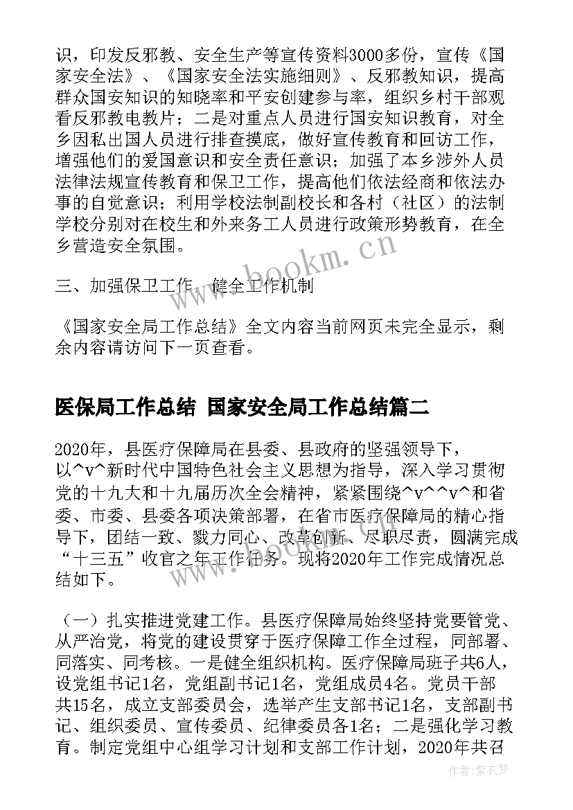 医保局工作总结 国家安全局工作总结(汇总6篇)