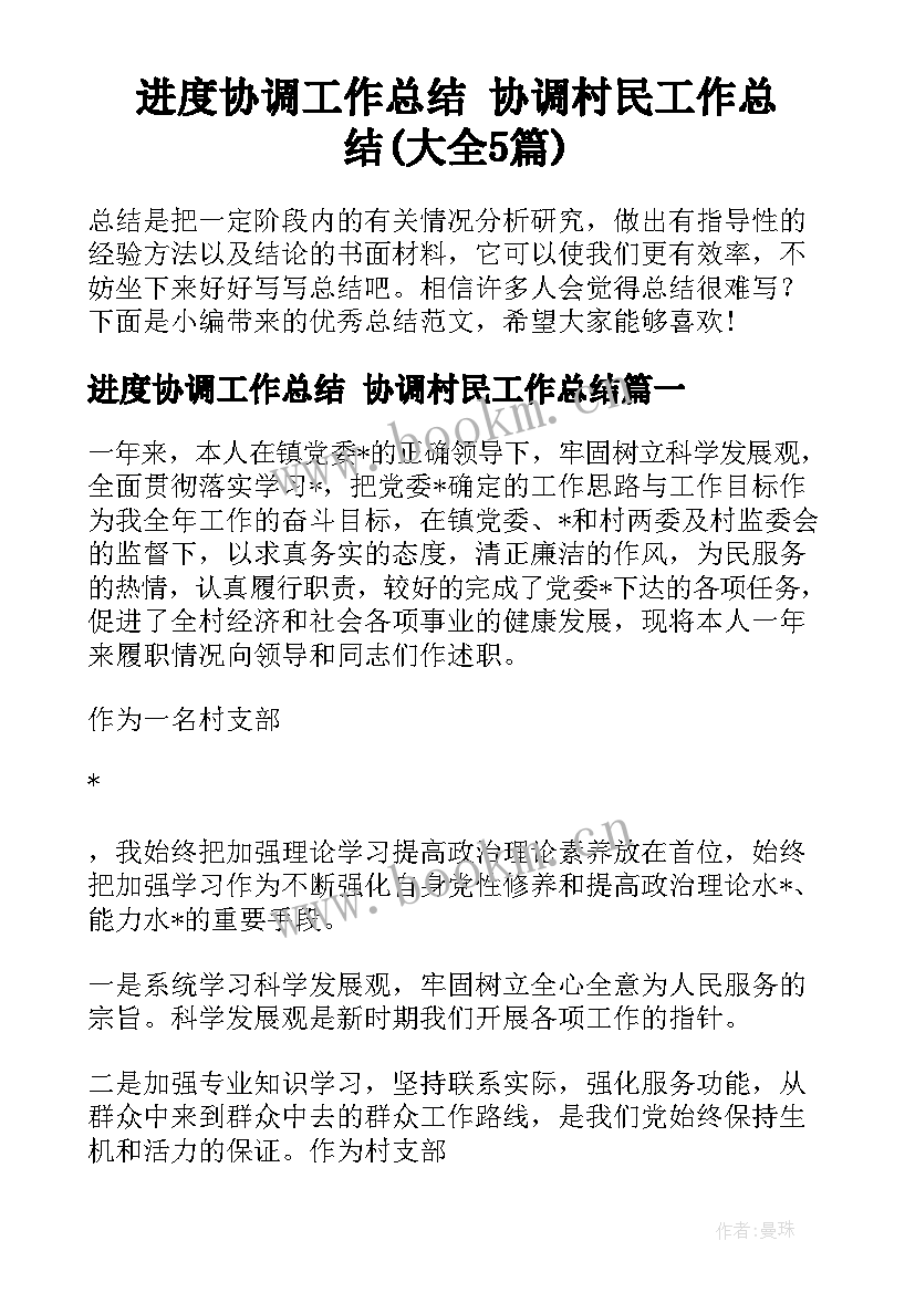 进度协调工作总结 协调村民工作总结(大全5篇)