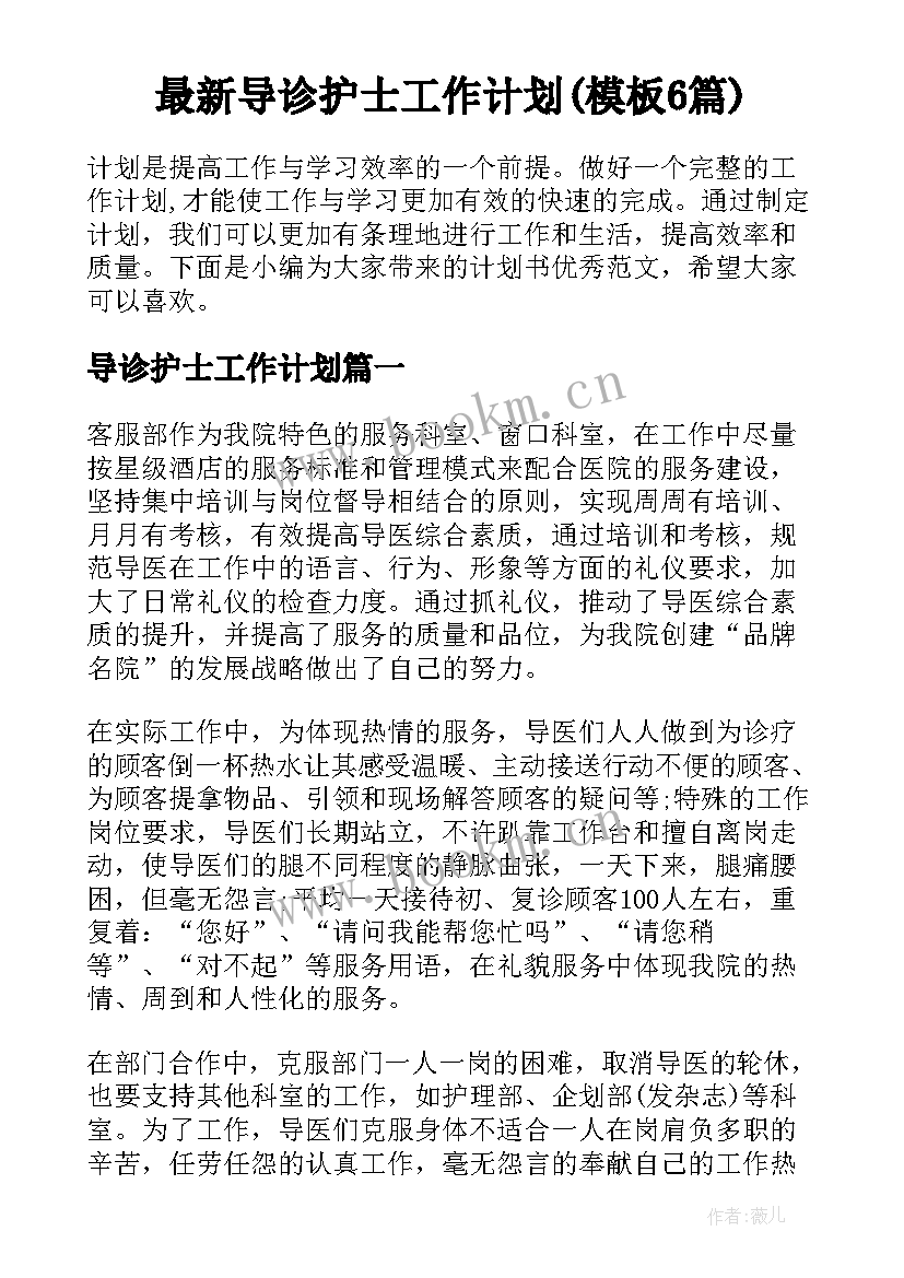 最新导诊护士工作计划(模板6篇)