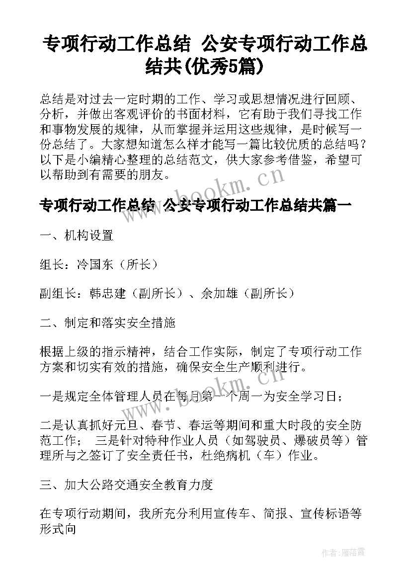 专项行动工作总结 公安专项行动工作总结共(优秀5篇)