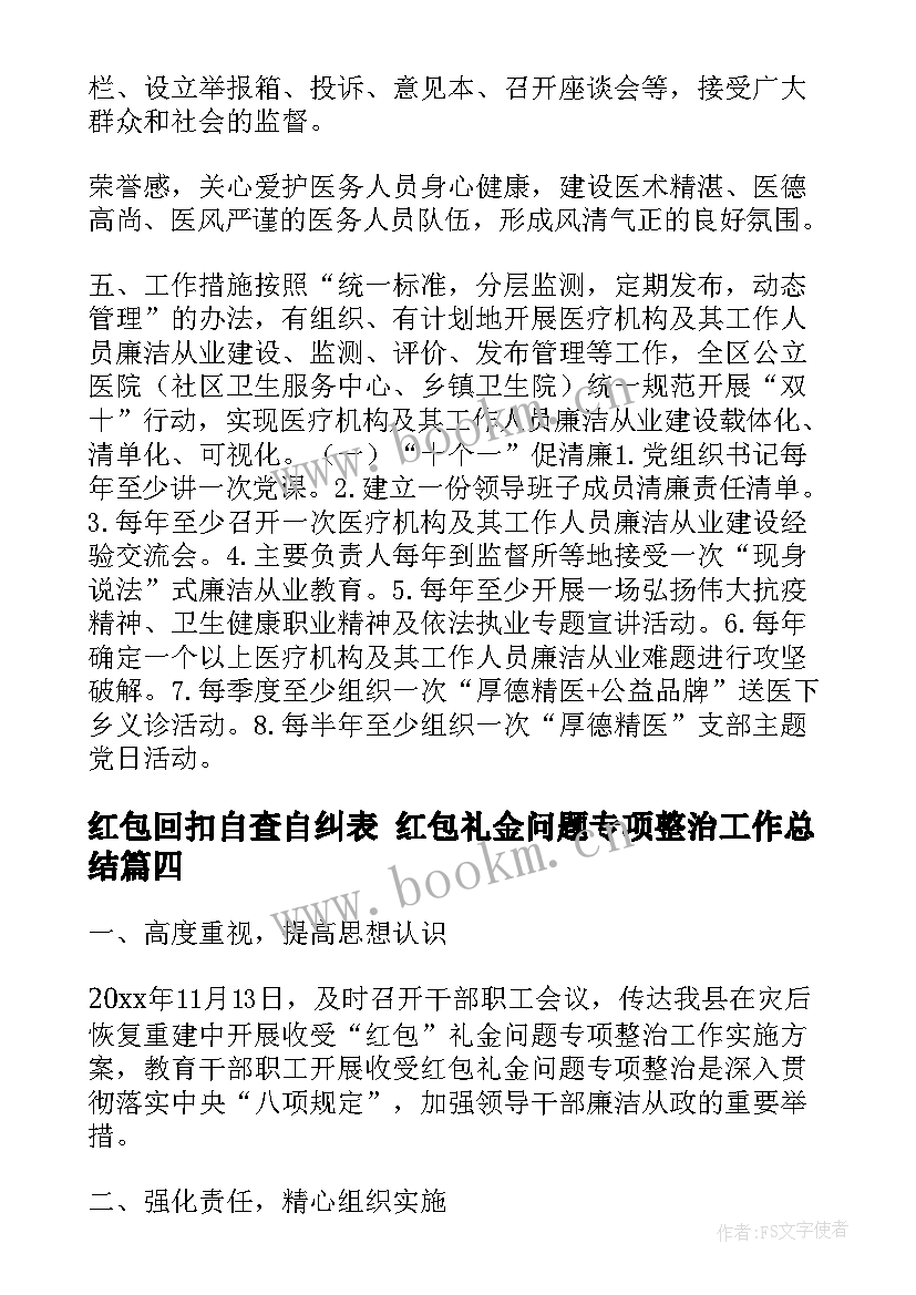 最新红包回扣自查自纠表 红包礼金问题专项整治工作总结(汇总5篇)