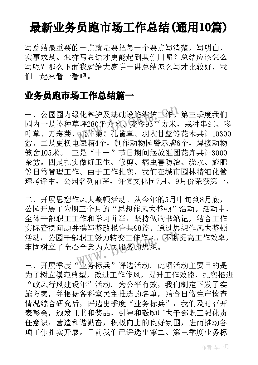 最新业务员跑市场工作总结(通用10篇)