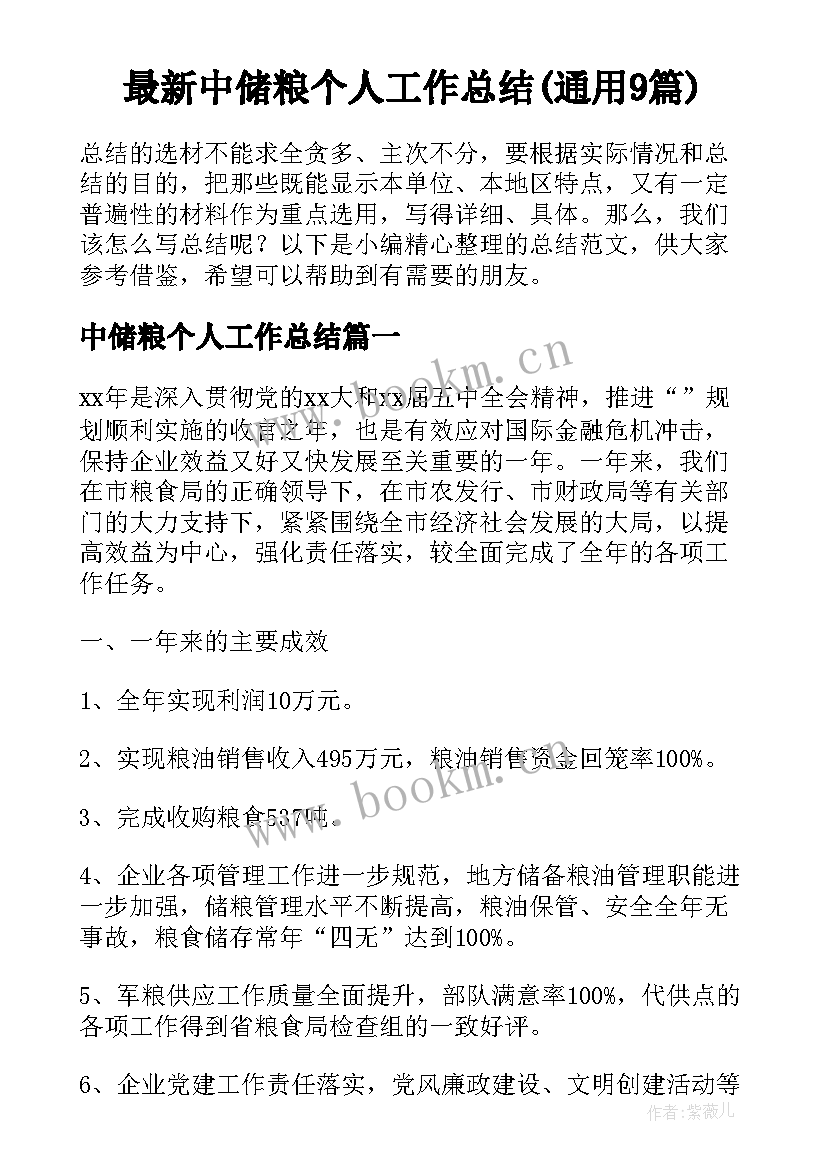 最新中储粮个人工作总结(通用9篇)