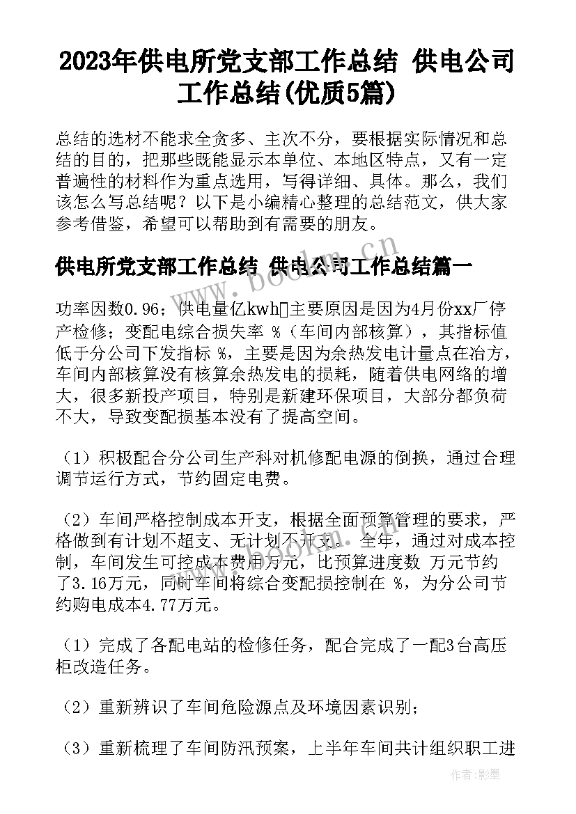 2023年供电所党支部工作总结 供电公司工作总结(优质5篇)