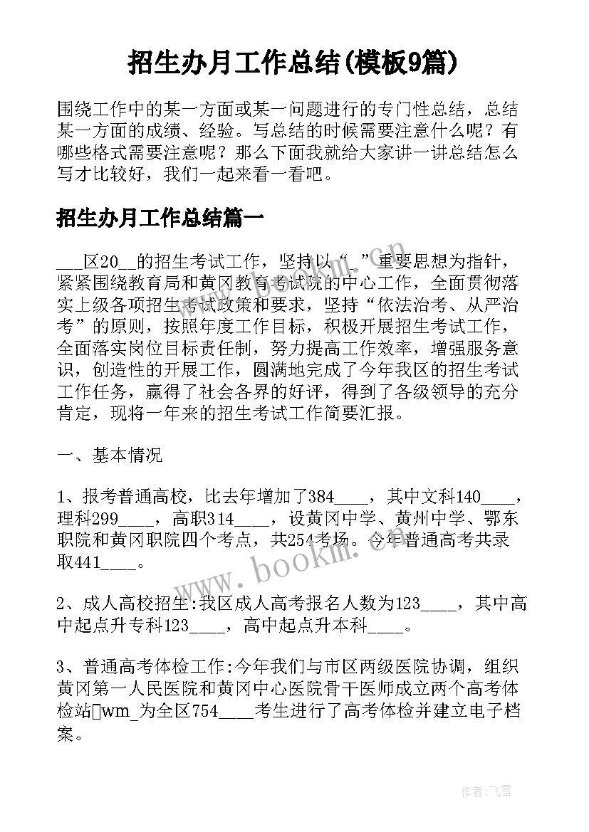 招生办月工作总结(模板9篇)