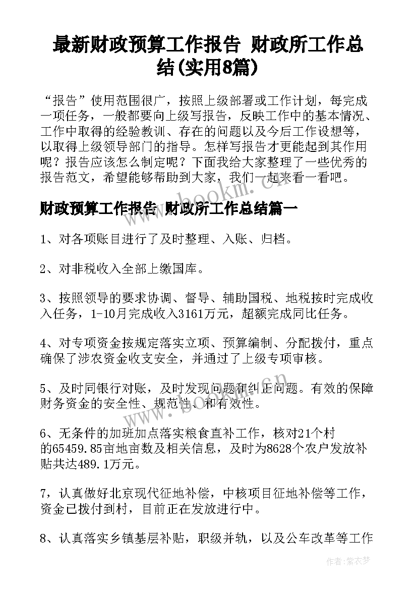 最新财政预算工作报告 财政所工作总结(实用8篇)