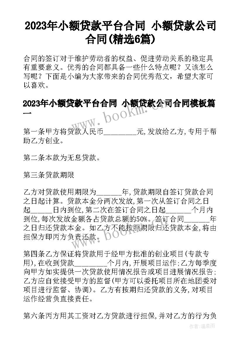 2023年小额贷款平台合同 小额贷款公司合同(精选6篇)