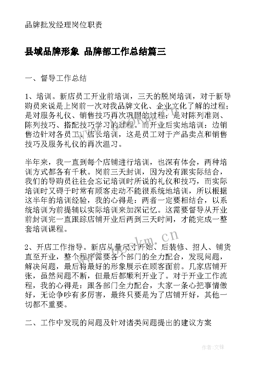 最新县域品牌形象 品牌部工作总结(精选7篇)