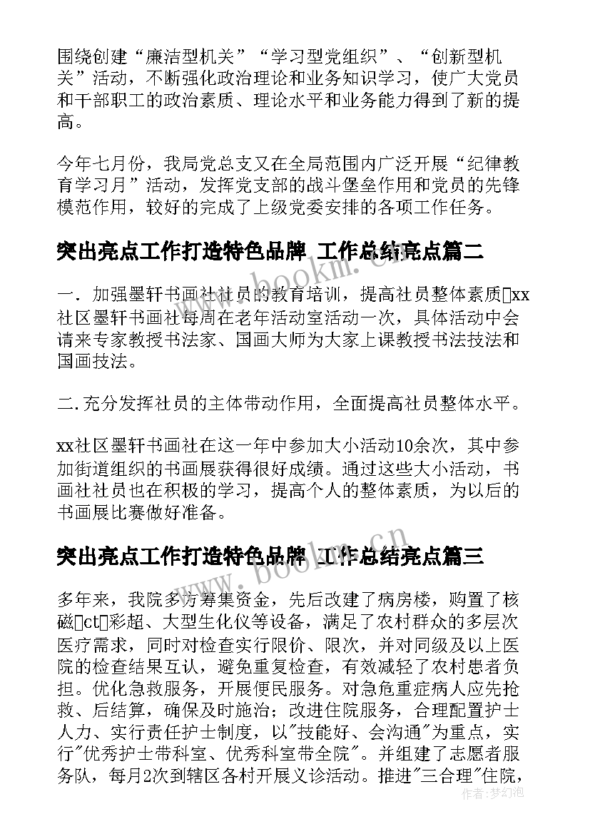 2023年突出亮点工作打造特色品牌 工作总结亮点(优秀7篇)