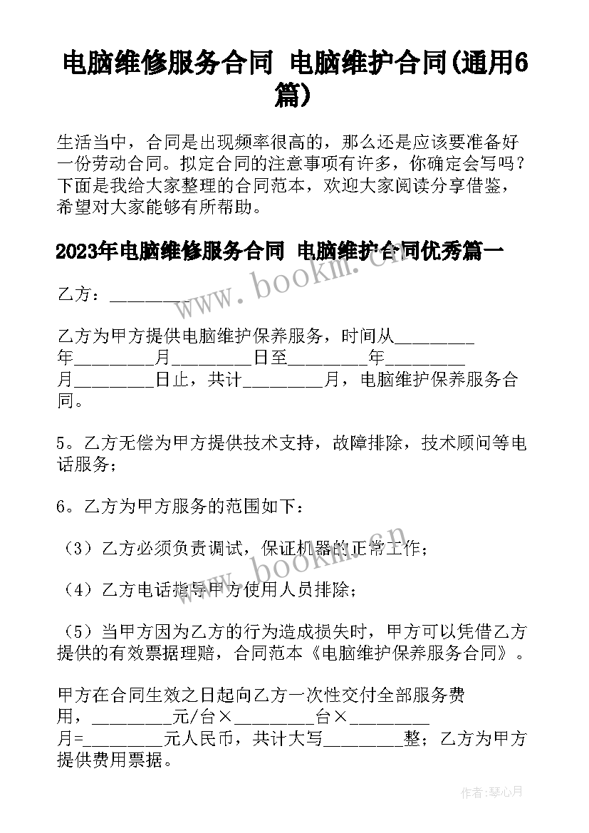 电脑维修服务合同 电脑维护合同(通用6篇)