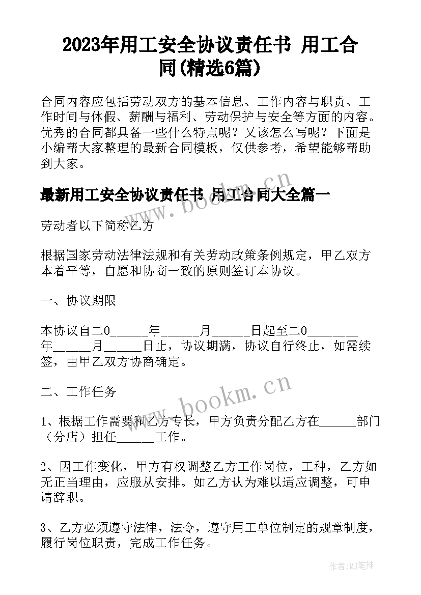 2023年用工安全协议责任书 用工合同(精选6篇)