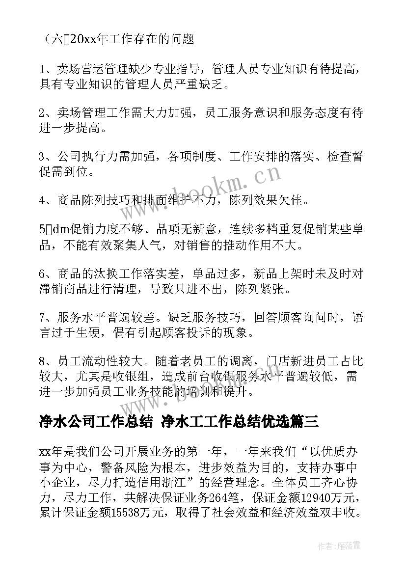 2023年净水公司工作总结 净水工工作总结优选(精选8篇)