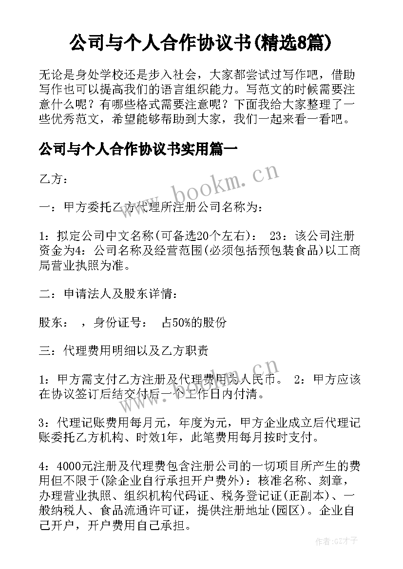 公司与个人合作协议书(精选8篇)