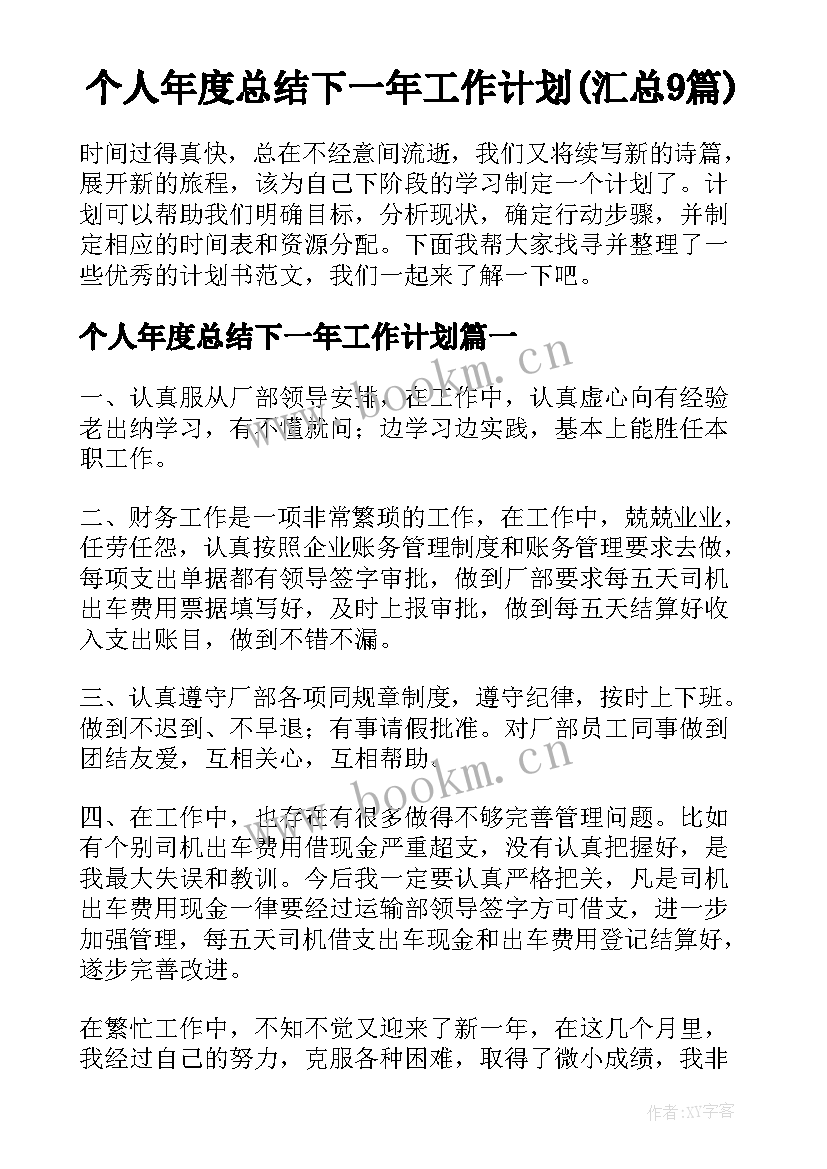 个人年度总结下一年工作计划(汇总9篇)