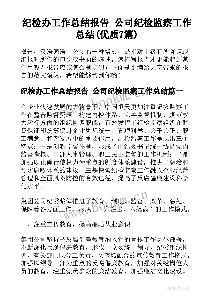 纪检办工作总结报告 公司纪检监察工作总结(优质7篇)